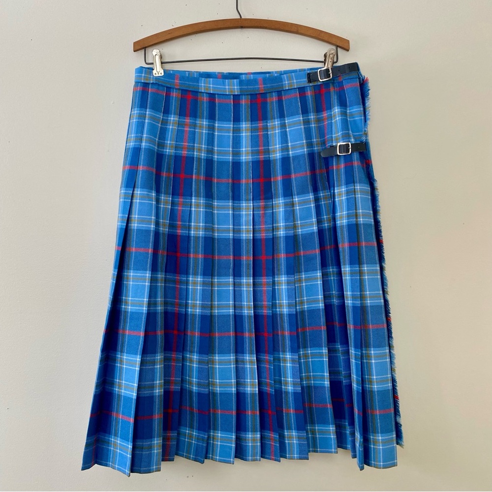 Vintage Hector Russell Blue Plaid Tartan Pleated Wool Kilt Skirt Scotland